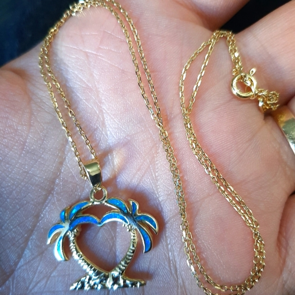 Opal 14k gold over silver palm tree necklace